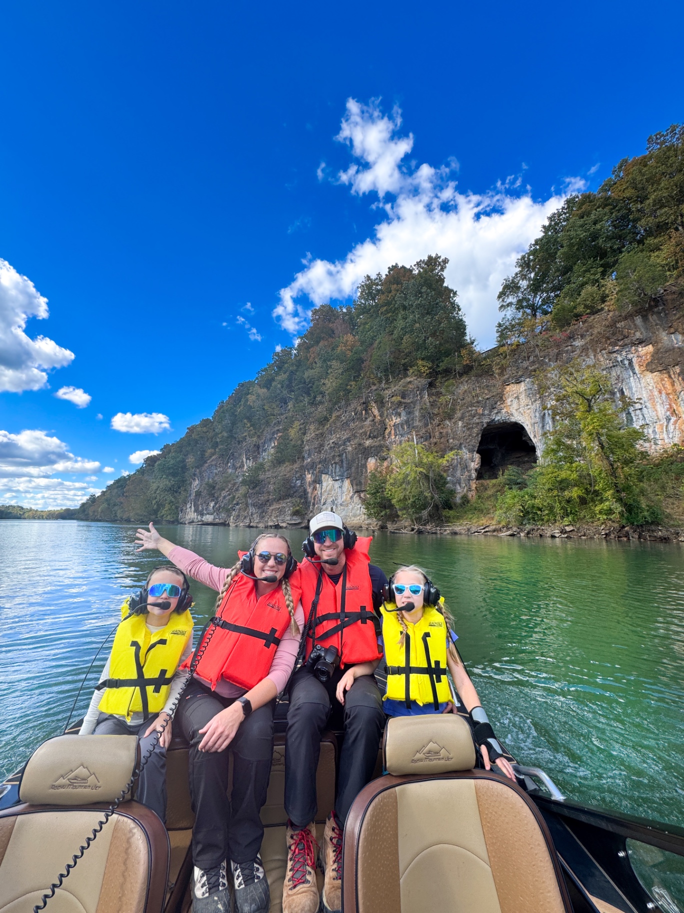 The Venture Seekers family riding a jet boat down the French Broad River in Sevierville, Tennessee