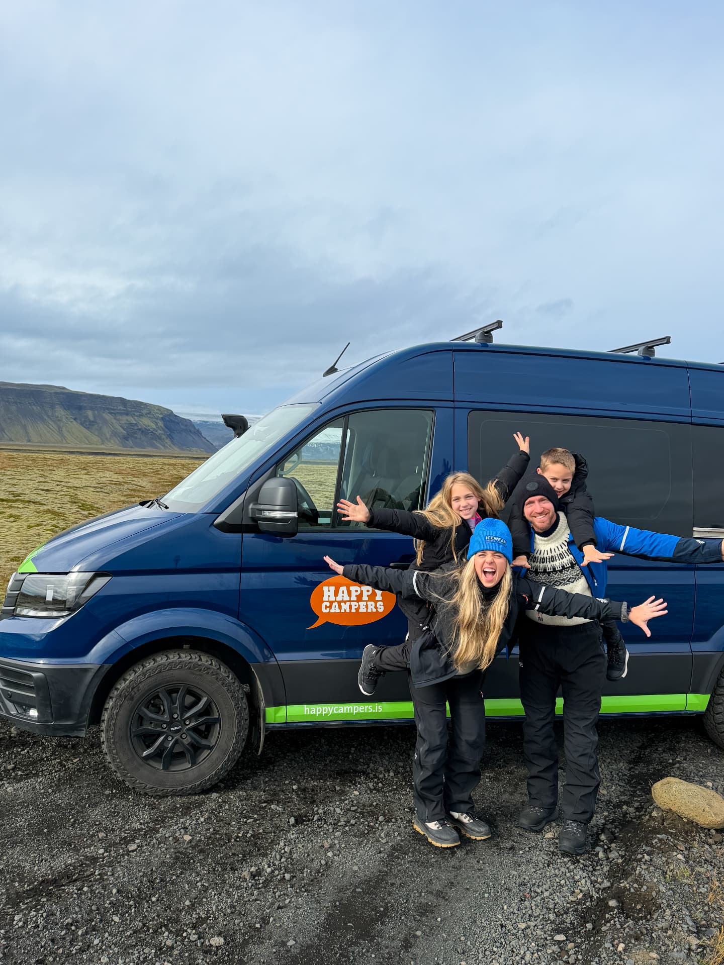 Our family with our Happy Campers 4x4 XL campervan in Iceland