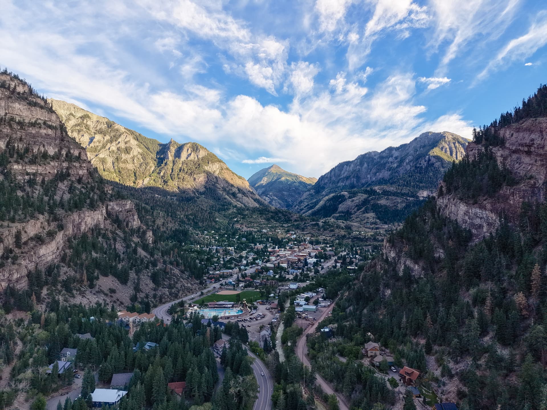 Aerial view of Ouray, Colorado tucked into the San Juan Mountains